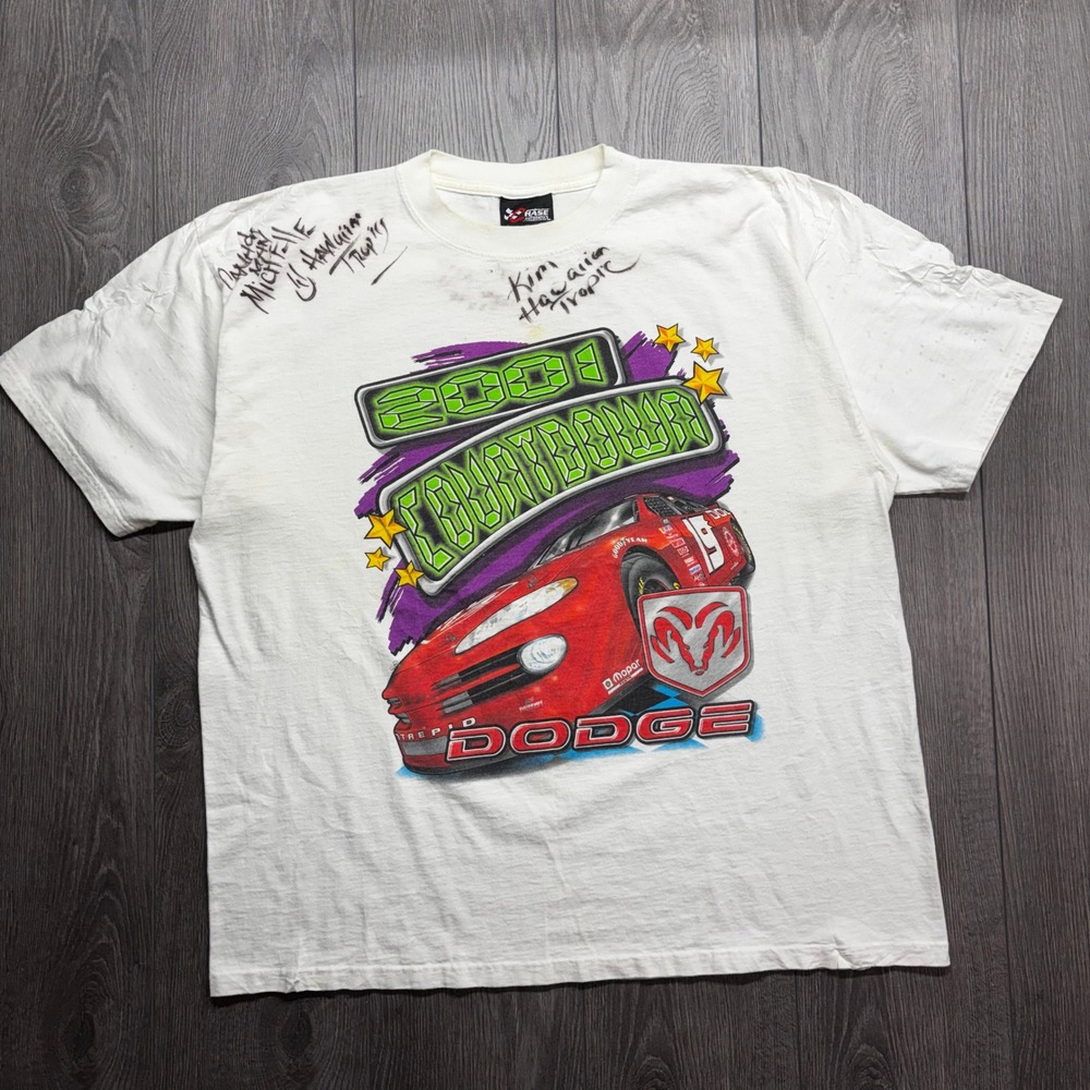Vintage 2001 Chase Authentics Dodge NASCAR XL Racing T-Shirt Signed XL White Tee
